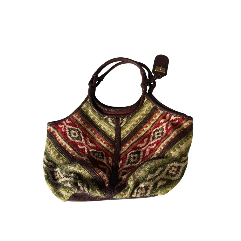 Vintage Lockheart Southwestern Woven Tapestry Leather Trim Hobo Shoulder Bag KC